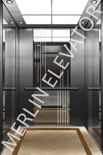 HE-P04 Luxury Elevator Cabin with Mirror-Etched Stainless Steel, Gold Accents & LED Lighting