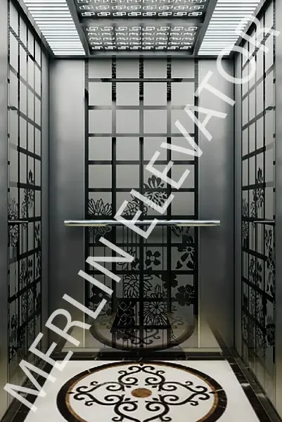 Golden Hairline Stainless Steel Elevator Cabin with Downlights & Marble Floor Option-HE-P07