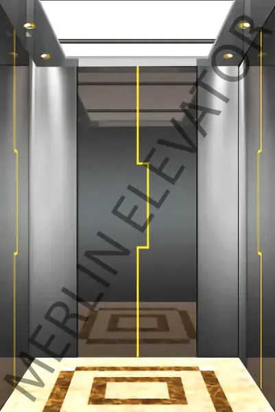 HE-P02 Luxury Elevator Cabin with Mirror-Etched Stainless Steel, Gold Accents & LED Lighting